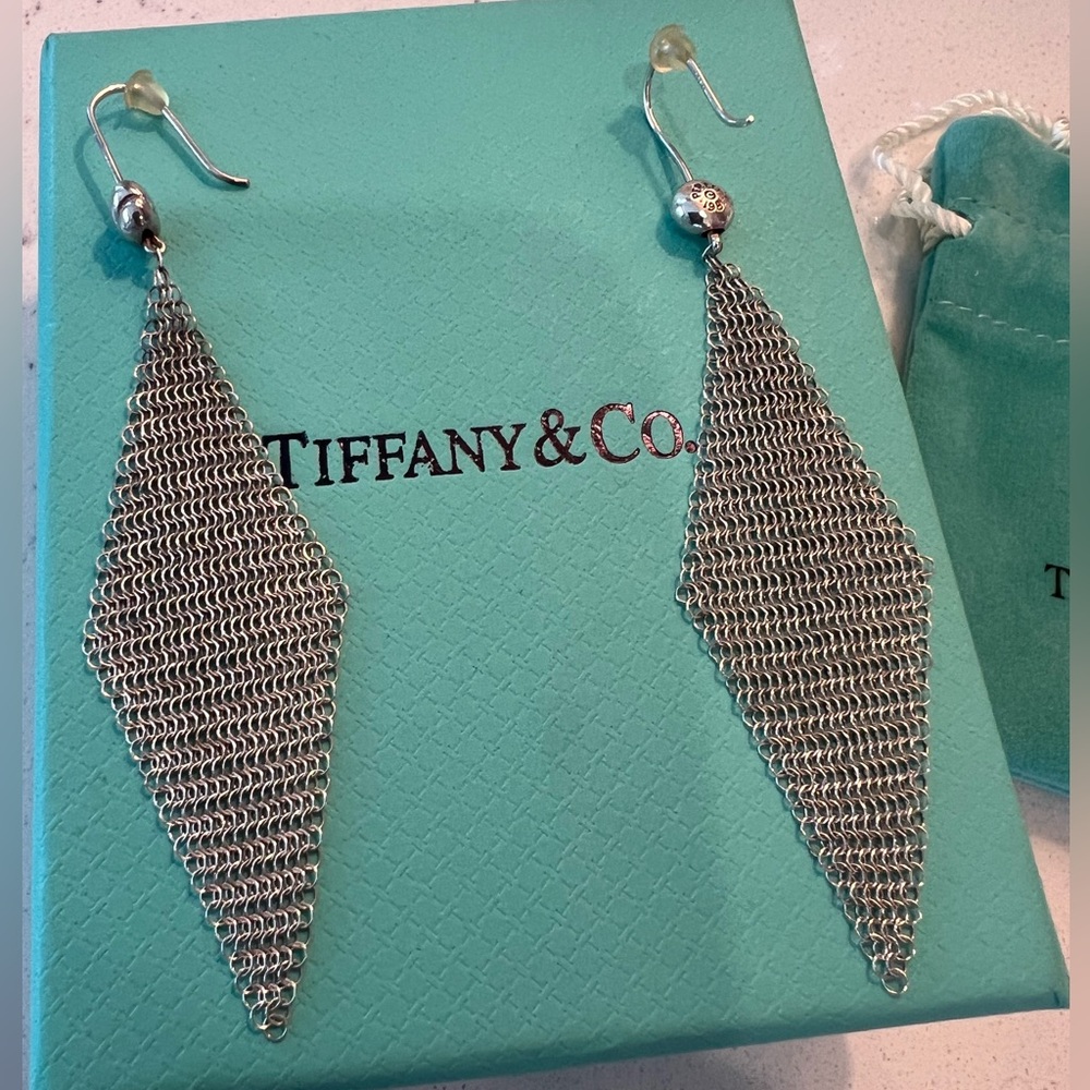 Tiffany & Co Elsa Peretti Mesh Earrings Sterling Silver Fish Hook Dangle